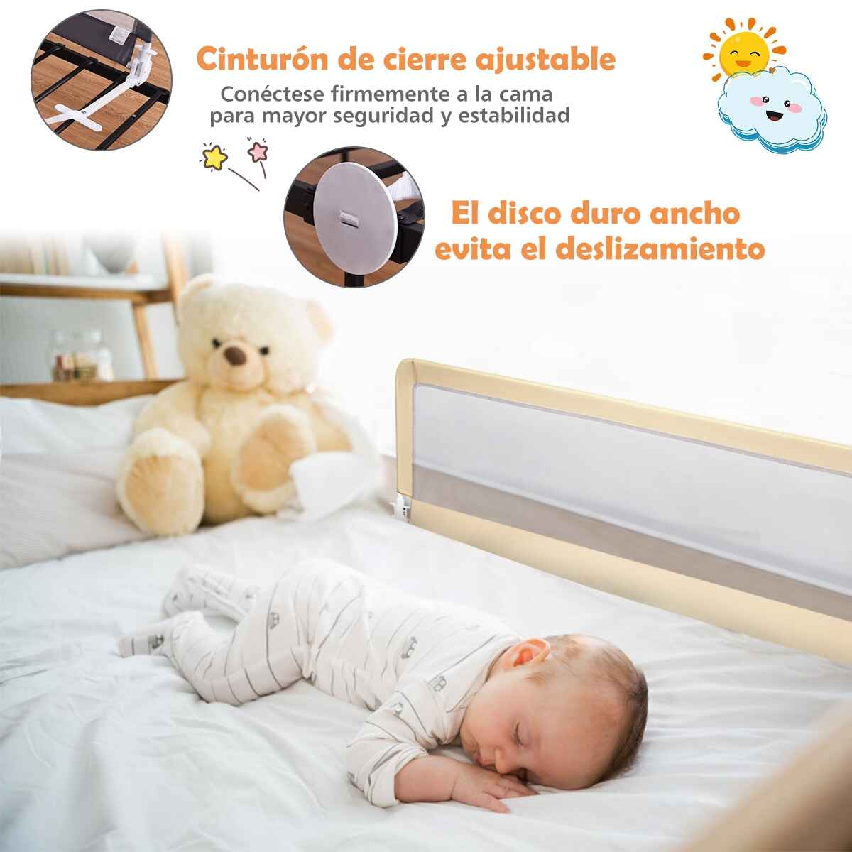 Barandilla para cama regulable beige 150 x 55 cm para cama queen y king size