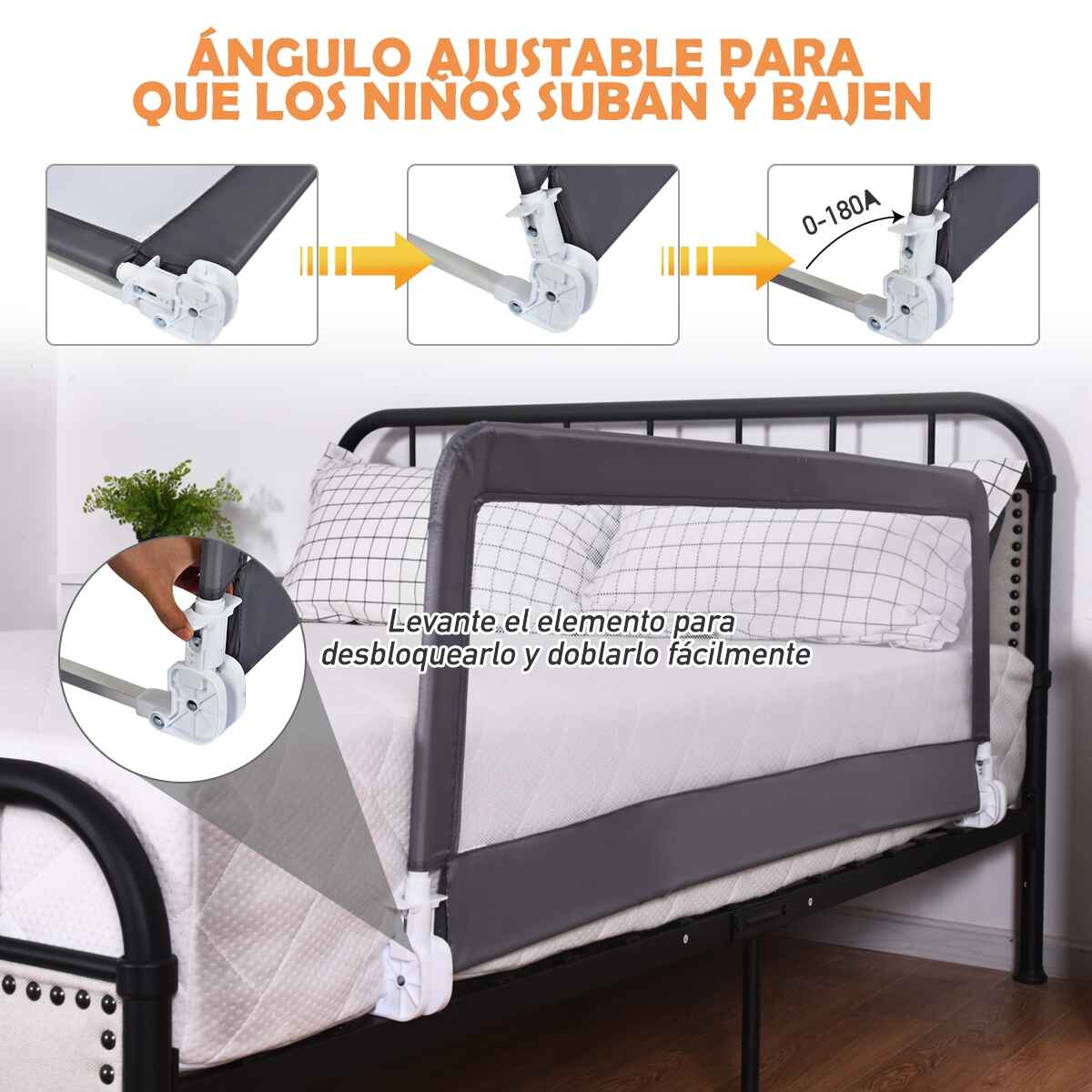 Barandilla para cama de altura regulable para colchón matrimonial gris 150 x 55 cm