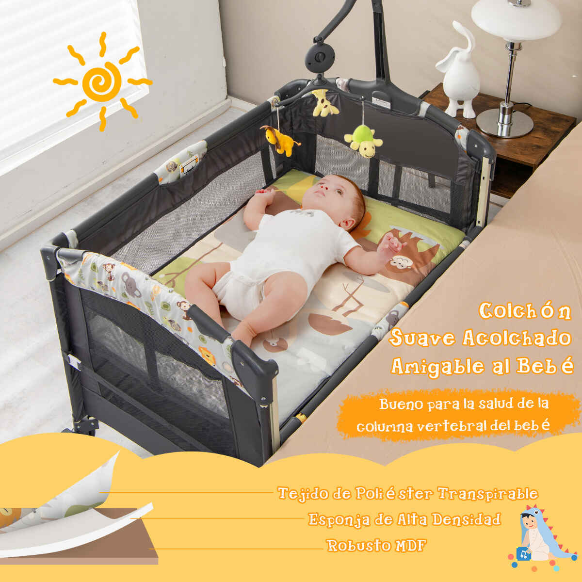 Parque Portátil 3 en 1 para Niños con Cama Cambiador Centro Actividad Ruedas y Frenos 107 x 72 x 80,5 cm Gris Oscuro