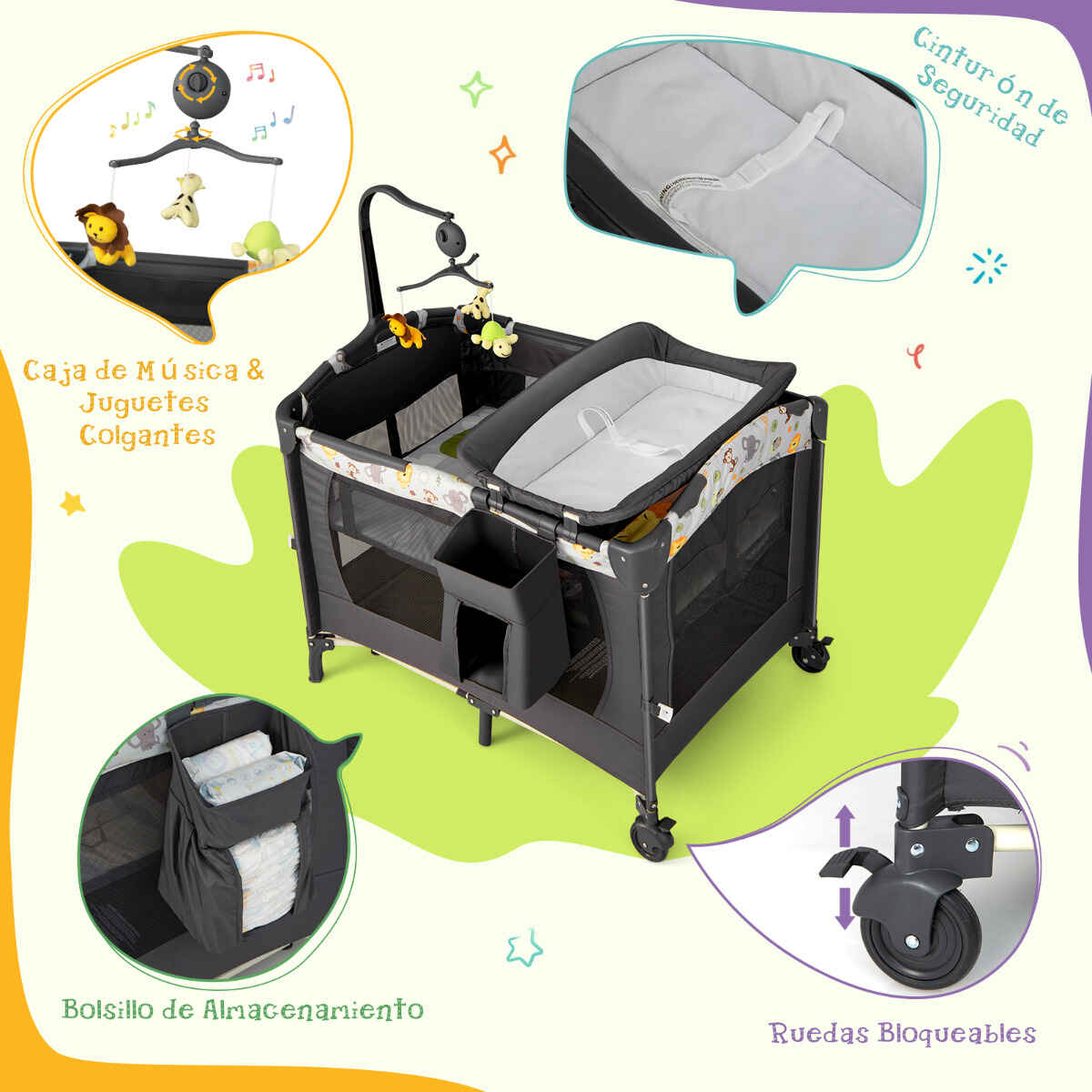 Parque Portátil 3 en 1 para Niños con Cama Cambiador Centro Actividad Ruedas y Frenos 107 x 72 x 80,5 cm Gris Oscuro