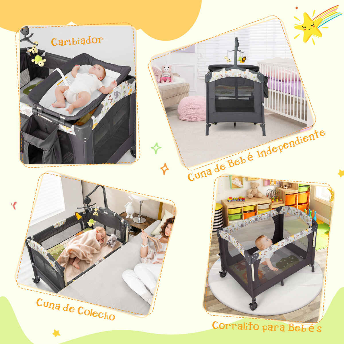 Parque Portátil 3 en 1 para Niños con Cama Cambiador Centro Actividad Ruedas y Frenos 107 x 72 x 80,5 cm Gris Oscuro