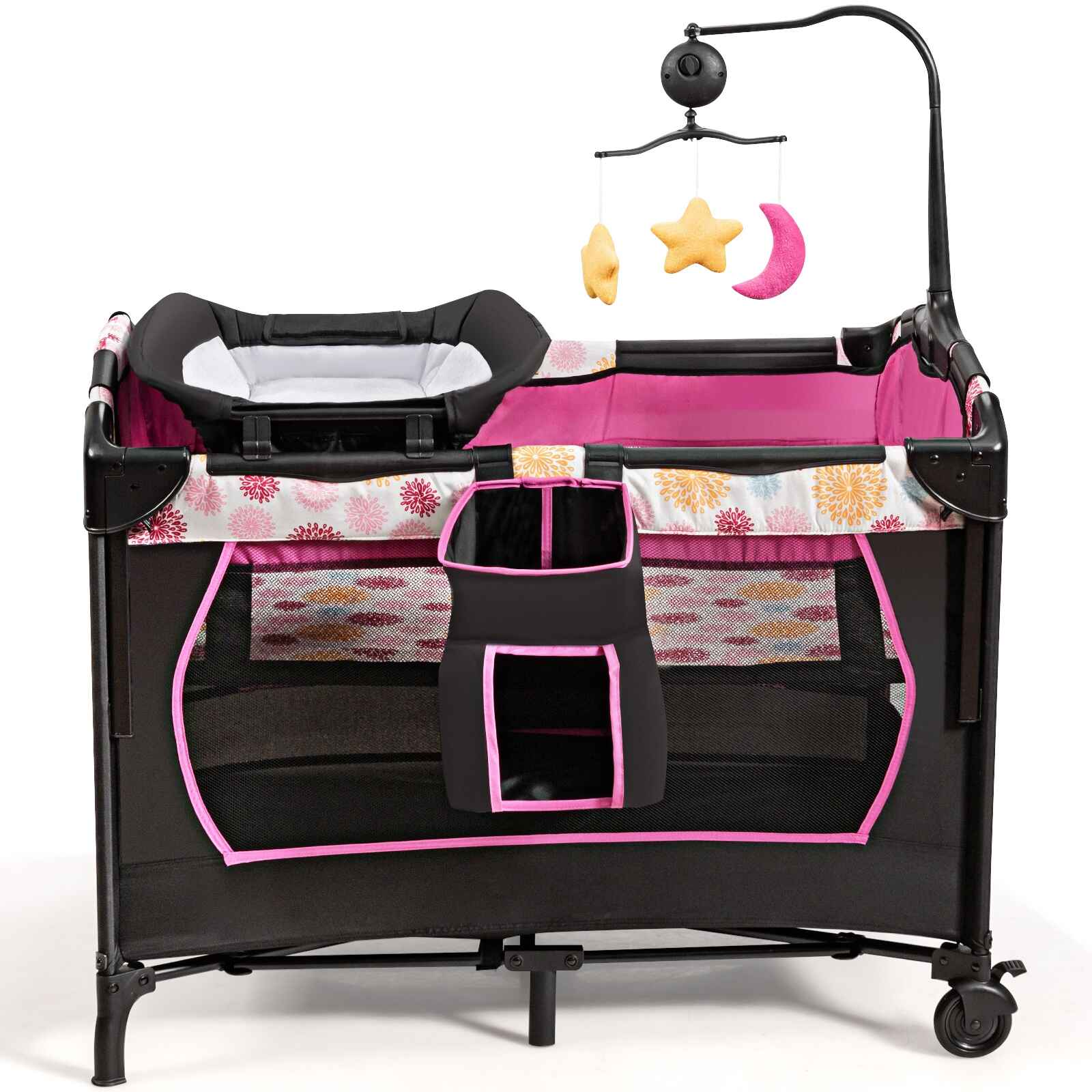 Parque portátil 3 en 1 para niños con cama, cambiador, centro de actividad, ruedas y frenos rosa 107 x 72 x 80,5 cm