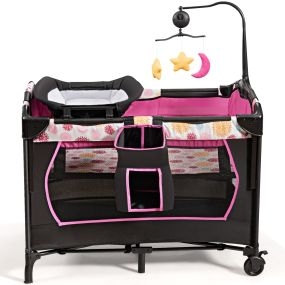 Parque portátil 3 en 1 para niños con cama, cambiador, centro de actividad, ruedas y frenos rosa 107 x 72 x 80,5 cm