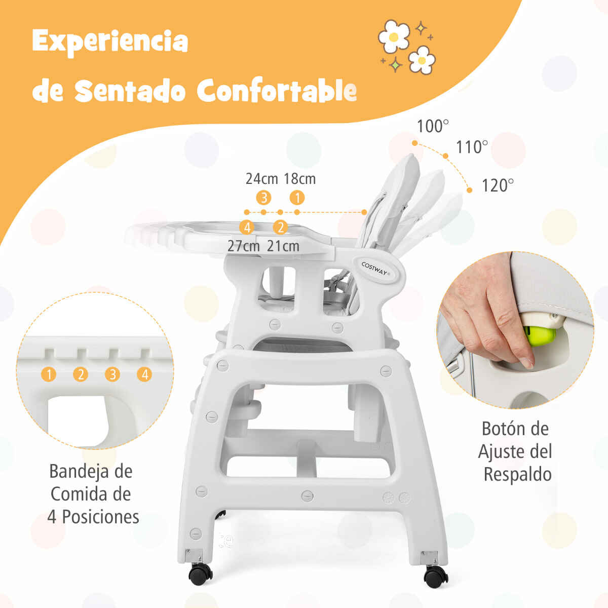 Trona 3 en 1 convertible para niños 6-36 meses con bandeja extraíble y arnés gris