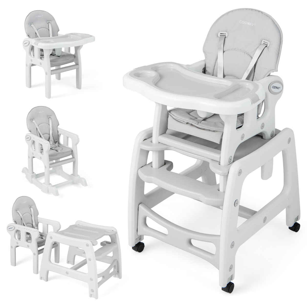 Trona 3 en 1 convertible para niños 6-36 meses con bandeja extraíble y arnés gris