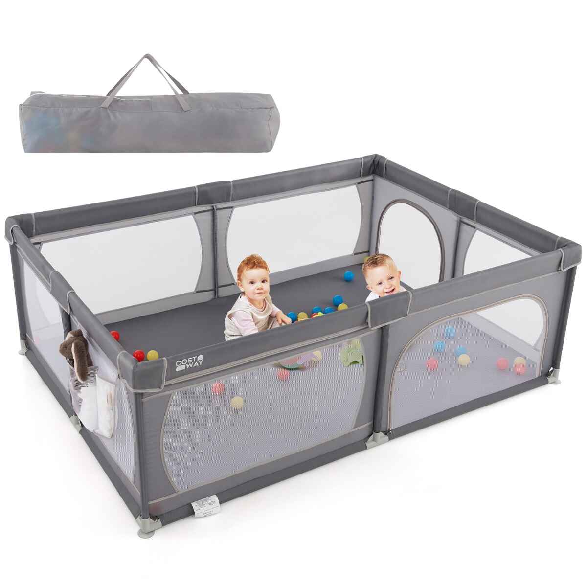 Parque para niños con pelotas para bebés, estable, atóxico, con red transpirable, 206 x 147 x 68,5 cm, gris oscuro