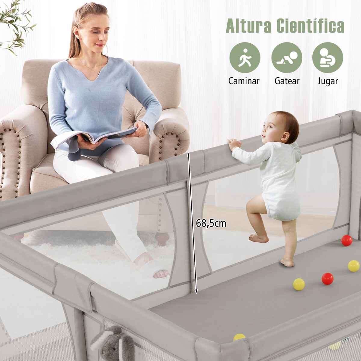 Corralito para bebés de malla transpirable con bolsa portátil y 50 bolas oceánicas 206x147x68,5 cm gris claro