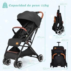 Cochecito de viaje para bebé 0-36 meses con capota reclinable, portavasos, arnés 5 puntos, respaldo ajustable y saco para pies negro