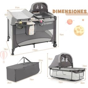 Centro de actividad infantil portátil 5 en 1 con cuna, cambiador, colchón extraíble y 2 ruedas gris 110 x 78 x 78 cm