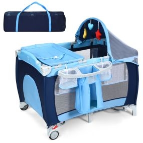 Cuna 4 en 1 plegable para niños con cambiador, techo, ruedas, puerta lateral, juguetes y carillón azul