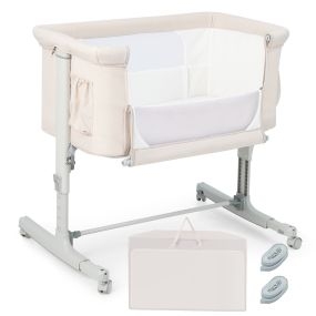 Cuna infantil 3 en 1 con colchón, 5 alturas, inclinación 10°, bolsa lateral, beige, 86 x 63 x 81 cm