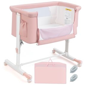 Cuna infantil 3 en 1 con colchón, 5 alturas, inclinación 10°, bolsa lateral, rosa, 86 x 63 x 81 cm
