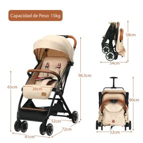 Cochecito de bebé plegable de aluminio ligero con respaldo y reposapiés ajustables beige 41 x 72 x 96,5 cm