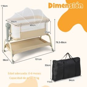 Cuna de viaje para bebé con red, colecho, altura ajustable, colchón, malla, cesta y ruedas beige 101 x 56 x 89 cm