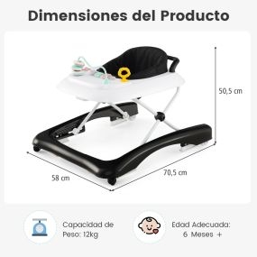 Andador plegable para bebé 0-24 meses con 3 alturas ajustables y asiento acolchado negro