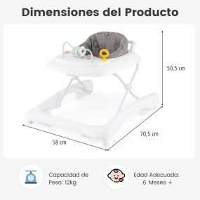 Andador plegable para bebé 0-24 meses con 3 alturas ajustables y asiento acolchado gris
