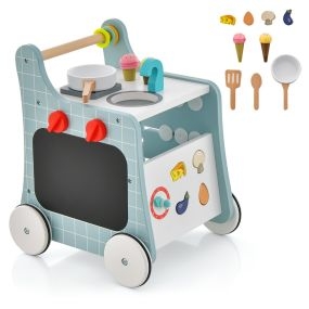 Andador de madera 6 en 1 para bebés con centro de actividades y cocina azul 12+ meses