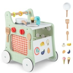 Andador de madera 6 en 1 para bebés con centro de actividades y cocina verde