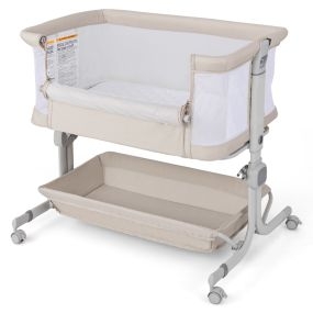 Cuna Portátil Plegable para Recién Nacido Junto a la Cama con Altura Ajustable de 6 Niveles Estante Ruedas Colchón y Bolsa Beige