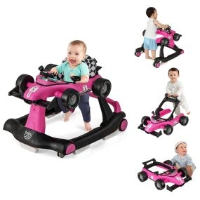 Andador 4 en 1 para Niños Andador Actividad de Empuje Plegable con Altura y Velocidad Regulables Carillón con Luces Volante Rosa Oscuro