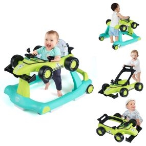 Andador 4 en 1 para niños plegable con altura y velocidad regulables, carillón con luces, azul y verde