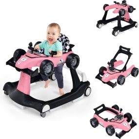 Andador 4 en 1 para niños plegable con altura y velocidad regulables, carillón con luces, rosa