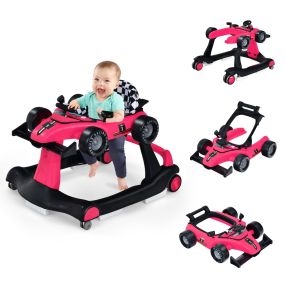 Andador 4 en 1 para niños plegable con altura y velocidad regulables, carillón, luces y volante rojo cereza