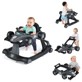 Andador 4 en 1 para niños plegable con altura y velocidad regulables, carillón, luces y volante gris