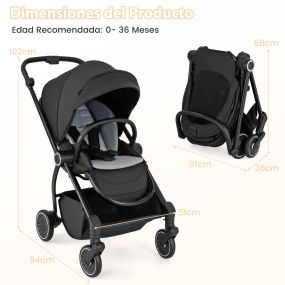 Cochecito de bebé plegable de aluminio negro con asiento reversible y respaldo reclinable