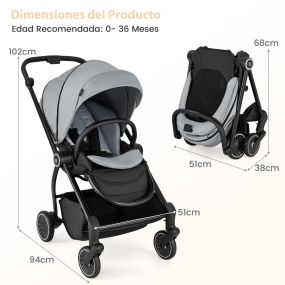 Cochecito de bebé plegable con asiento reversible, respaldo reclinable, toldo ajustable y reposapiés de aluminio gris