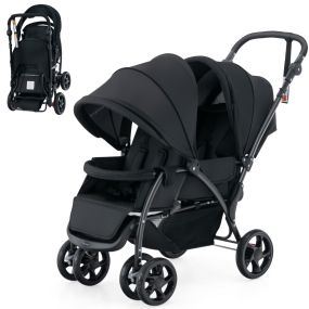 Cochecito de bebé doble plegable con asiento, dosel, cinturón, respaldo ajustable, manija y ruedas bloqueables negro