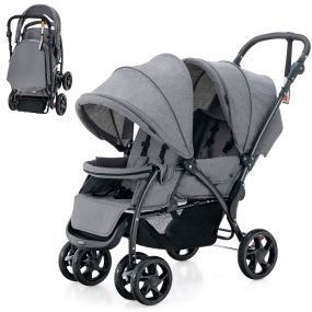 Cochecito de bebé doble plegable con asiento, dosel, cinturón, respaldo ajustable, manija y ruedas bloqueables gris