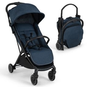 Cochecito ligero para bebé compacto de viaje plegable con una mano, respaldo reclinable, capota azul