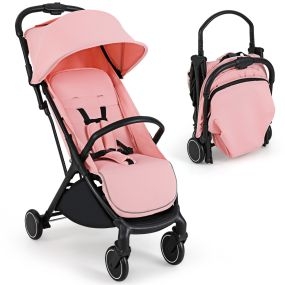 Cochecito ligero para bebé compacto de viaje plegable con una mano, respaldo reclinable, capota rosa