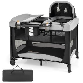 Centro de actividad infantil portátil 5 en 1 con cuna, cambiador, colchón extraíble y 2 ruedas negro 110 x 78 x 84 cm