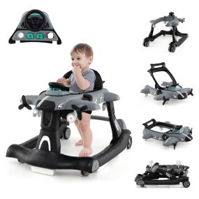 Andador 6 en 1 para bebés 6-18 meses plegable tema avión altura ajustable con bandeja gris