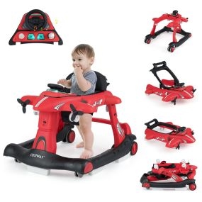 Andador 6 en 1 para bebés 6-18 meses plegable tema avión altura ajustable con bandeja roja