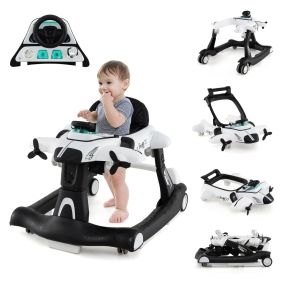 Andador 6 en 1 para bebés 6-18 meses plegable tema avión altura ajustable con bandeja blanco