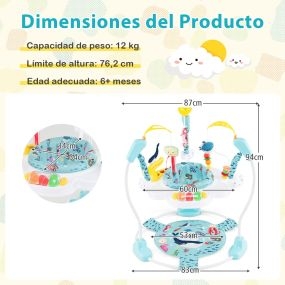 Centro de actividades de rebote para bebés 6+ meses con luces, sonido, altura ajustable y bandeja musical azul claro