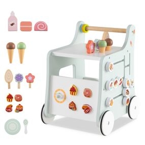 Andador 2 en 1 de madera para bebés con almacenamiento y laberinto, verde
