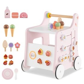 Andador 2 en 1 de madera rosa para bebés con almacenamiento y laberinto de postres
