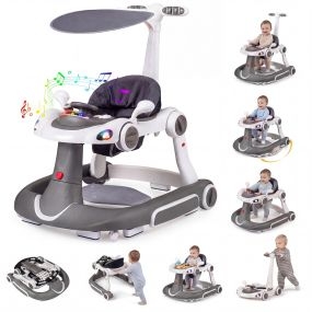 Andador 6 en 1 para bebés con capota, hamaca mecedora, música y luces, gris y blanco