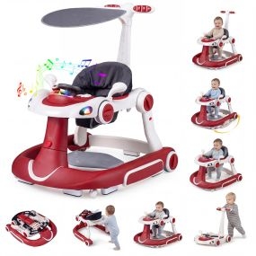 Andador 6 en 1 para bebés con capota, hamaca mecedora, música y luces, rojo y blanco