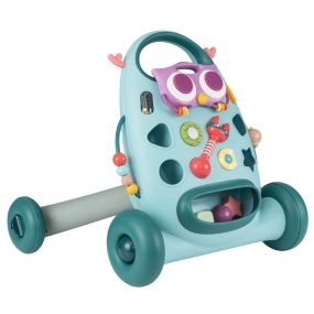 Andador Montessori azul con reproductor oval removible, clasificador de formas, maracas, pájaro deslizante y 2 giradores