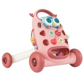 Andador Montessori rosa con reproductor oval removible, clasificador de formas, maracas, pájaro deslizante y 2 giradores