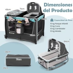 Cuna plegable 5 en 1 con cuna extraíble, cambiador, almacenamiento, bolsa de transporte y ruedas, gris y verde