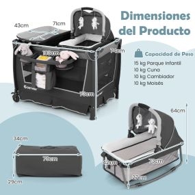 Cuna plegable 5 en 1 con cuna extraíble, cambiador, almacenamiento, bolsa de transporte y ruedas, gris