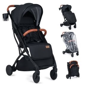 Silla de paseo plegable ligera con respaldo, capota, reposapiés, cubierta lluvia, saco pies y cesta, negro, 0-36 meses