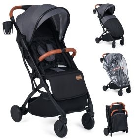 Silla de paseo plegable ligera gris con respaldo, capota, reposapiés, cubre lluvia, saco y cesta 0-36 meses