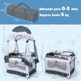 Cuna de viaje para bebé 4 en 1 con moisés, cambiador desmontable, ruedas y caja de música gris